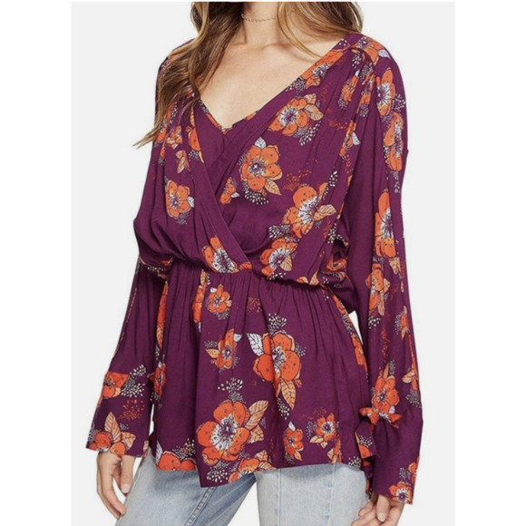 Free People Tops - Free People SZ M Tuscan Dreams Tunic Floral Printed Blouse Plum Purple Boho C11